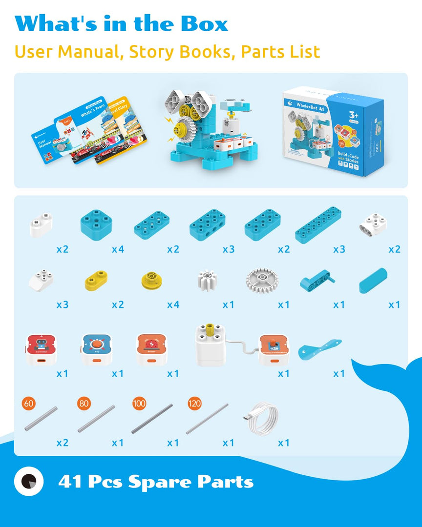 WhalesBot A1 Coding Toy for Kids, Building Block Robot, Fun STEM Toy with Magnetic Controller and Sensor Blocks, Screen-Free Coding with 3 Guide Books for Kids 3-6