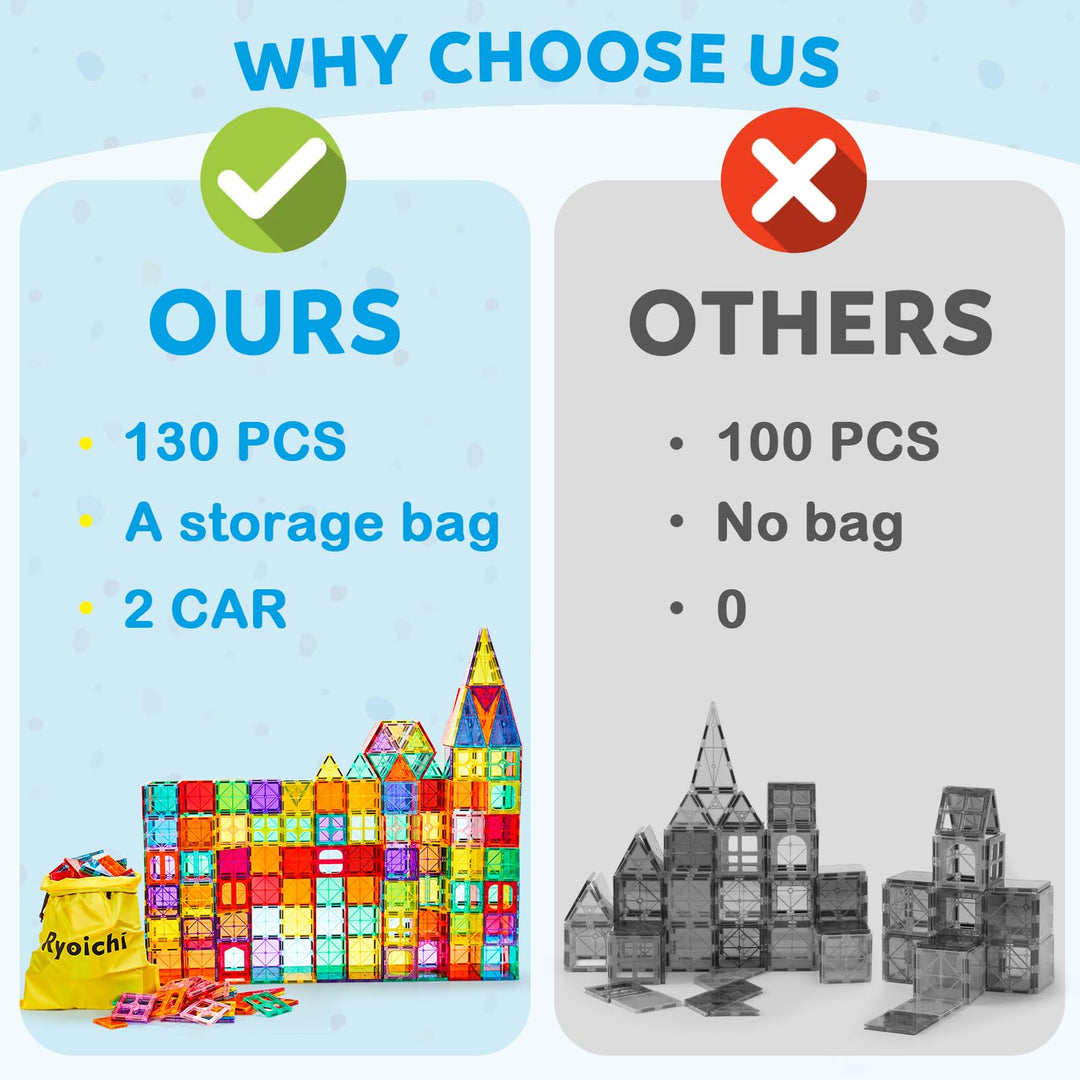 Ryoichi 138PCS Magnetic Building Tiles Set with 2 Cars, STEM Educational Construction Blocks & Montessori Learning Toys for Kids Ages 3-9+ Years