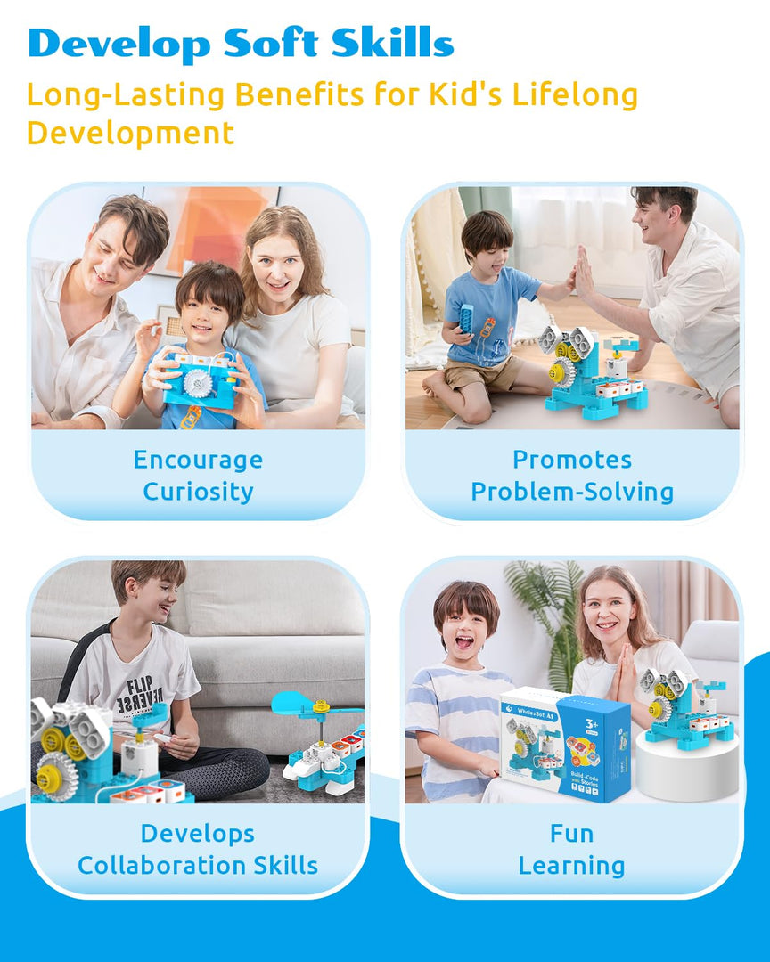 WhalesBot A1 Coding Toy for Kids, Building Block Robot, Fun STEM Toy with Magnetic Controller and Sensor Blocks, Screen-Free Coding with 3 Guide Books for Kids 3-6