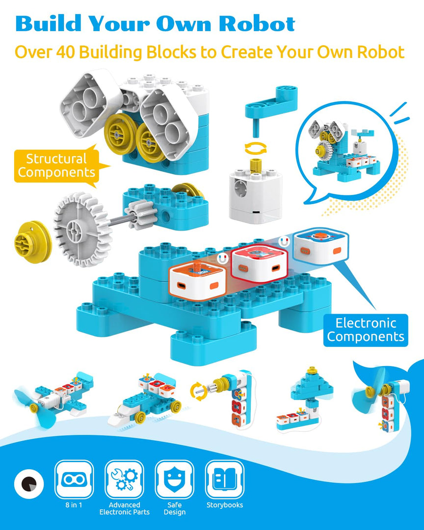 WhalesBot A1 Coding Toy for Kids, Building Block Robot, Fun STEM Toy with Magnetic Controller and Sensor Blocks, Screen-Free Coding with 3 Guide Books for Kids 3-6