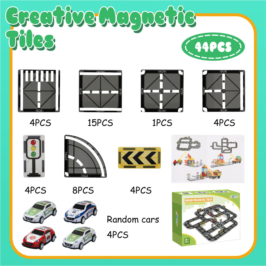 SKTMYY Magnetic Tiles Road Set with Pullback Car, Magnetic Tiles for Kids Ages 3-5 4-8, Magnet Building Tile for Toddler Kids Boys Girls, Creative STEM Building Toy & Learning Educational Magnet Toys