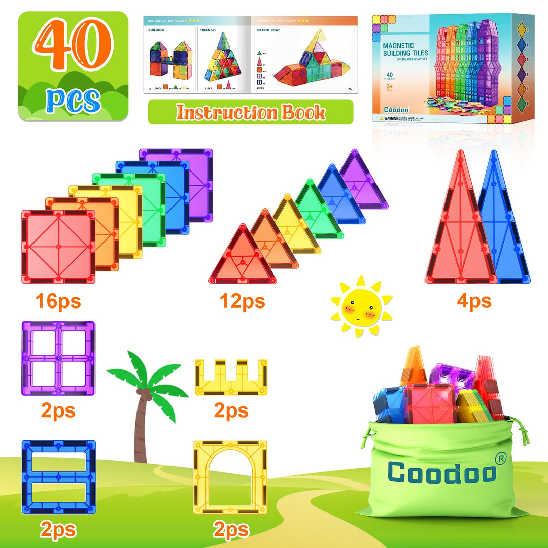Coodoo Magnetic Tiles Kids Toys STEM Magnet Toy for Toddler Magnetic Blocks Building Preschool Learning Sensory Montessori Toys for 3+ Year Old Boys and Girls, Safe Creativity Toddler Kids Toy 40PCS