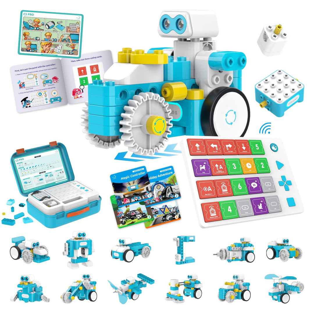 WhalesBot C3 Pro 12-in-1 Remote Control & Coding Robot Kit for Kids 4+, Advanced Smart Panel & Cards Programming, Educational STEM Toy, Block Building Set with Controller & Motor for Kids 4-6, 5-7