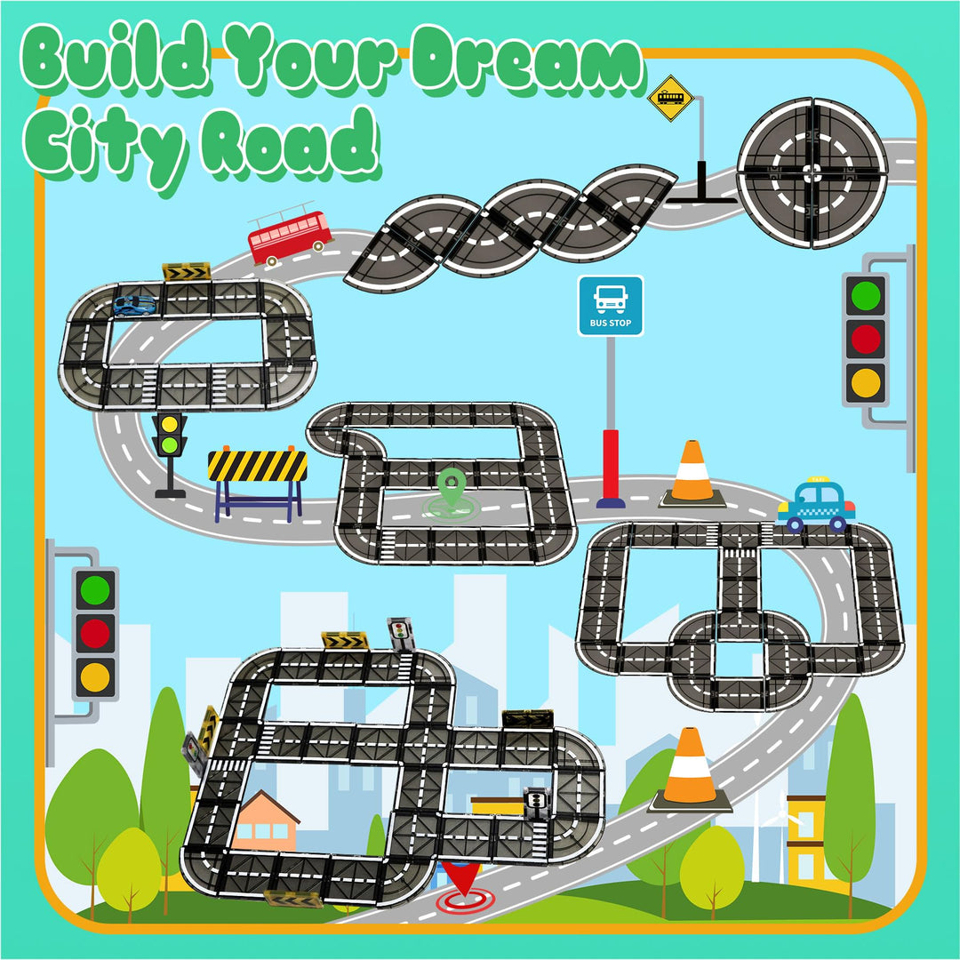 SKTMYY Magnetic Tiles Road Set with Pullback Car, Magnetic Tiles for Kids Ages 3-5 4-8, Magnet Building Tile for Toddler Kids Boys Girls, Creative STEM Building Toy & Learning Educational Magnet Toys