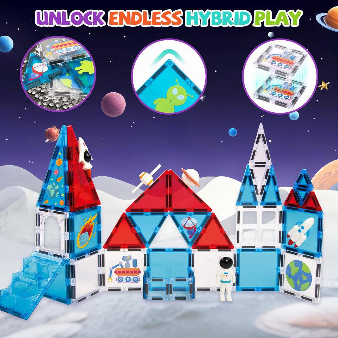 cossy Magnetic Tiles Space Set, Magnet Tiles with Astronaut, Magnetic Tiles for Kids Ages 4-8, STEM Toys, Magnet Blocks for Boys and Girls, Creative Building Toys, Space