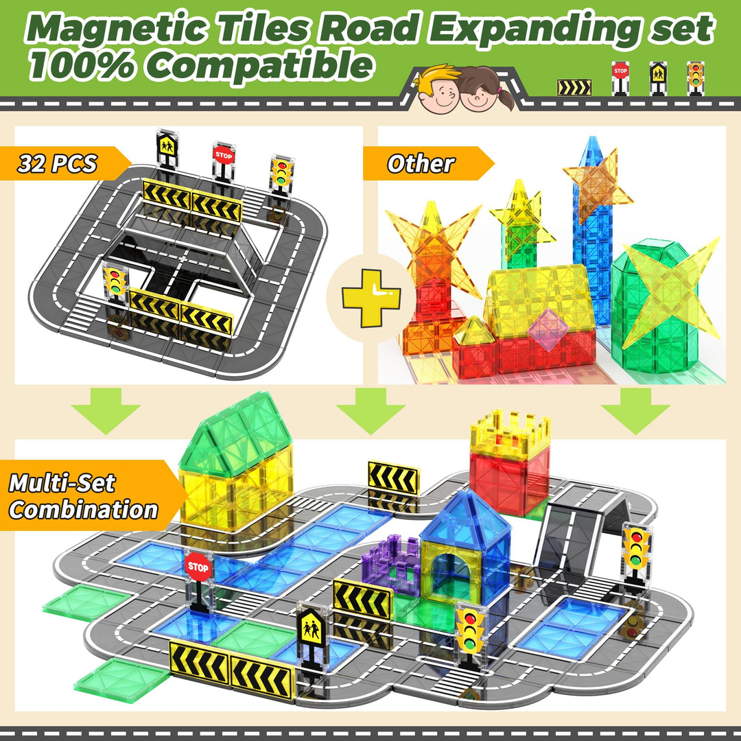 Goodtiles Magnetic Tiles Road Expansion Set, STEM Magnetic Building Blocks for Kids Ages 3-5 4-8 5-7, Preschool Learning Sensory Kids Toys for Toddler Birthday